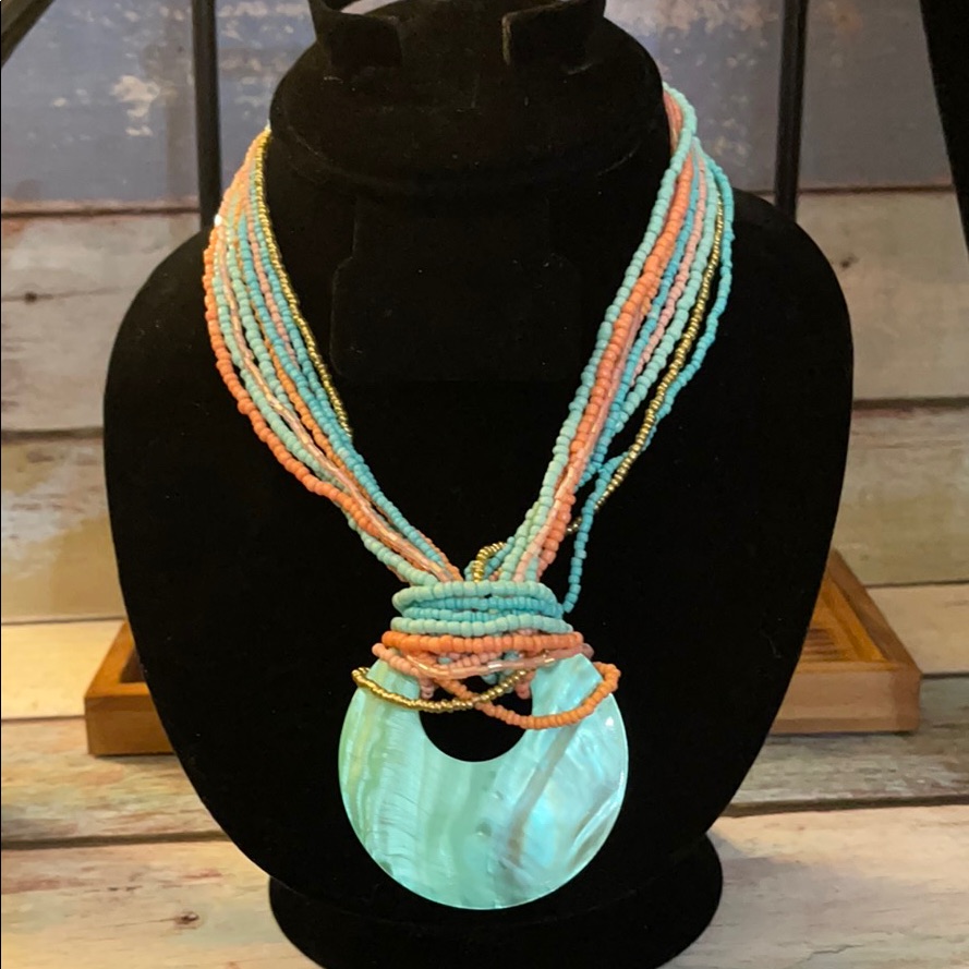 Costume Jewelry Aqua And Peach Beaded Necklace